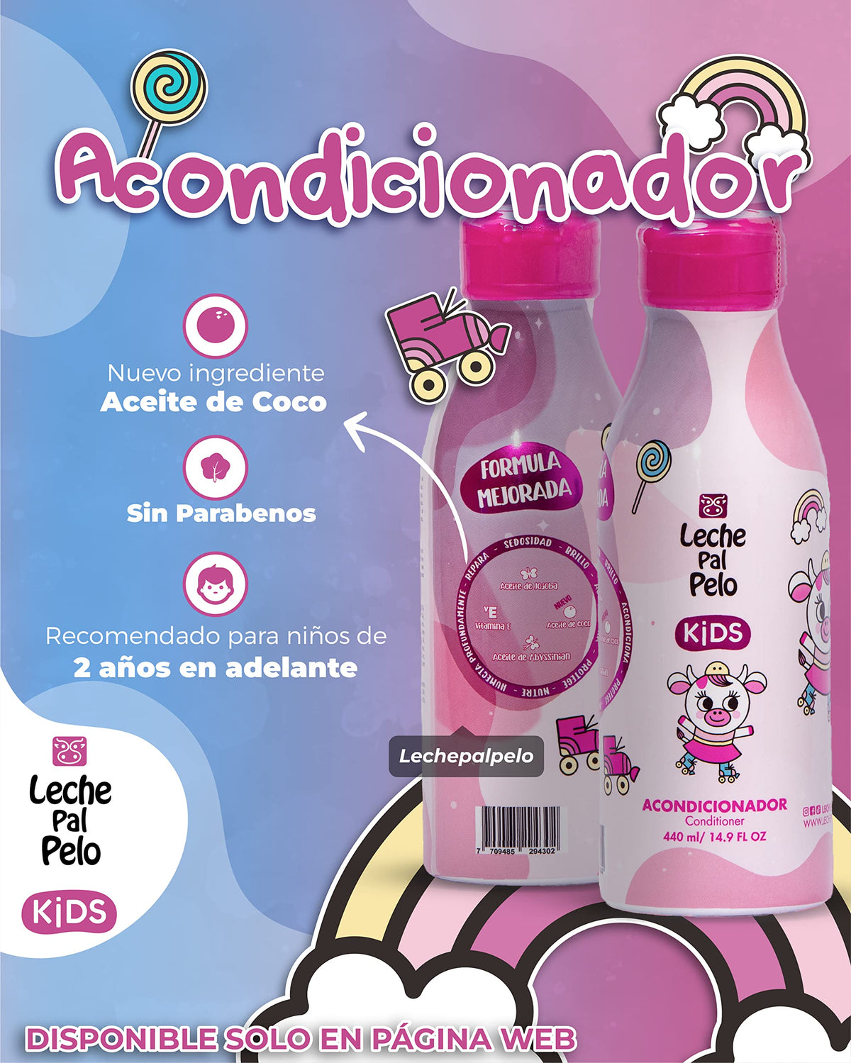 Leche Pal Pelo MEGAKIDS Kit: Shampoo + Conditioner + Styling Cream (Leave-in Conditioner) + Detangler Spay + Hair Splash SLS Free - Vegan - Abyssinian, Coconut & Jojoba