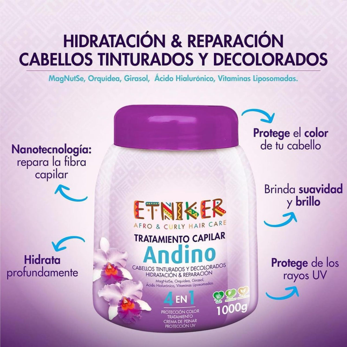 Etniker Andino 4-in-1 Hydrating & Repairing Hair Treatment for Curly, Dry, Damaged, Bleached, Color-Treated Hair with Orchid, Hyaluronic Acid, Liposomal Vitamins for Hydration & Repair. 1000 gr- 35 oz