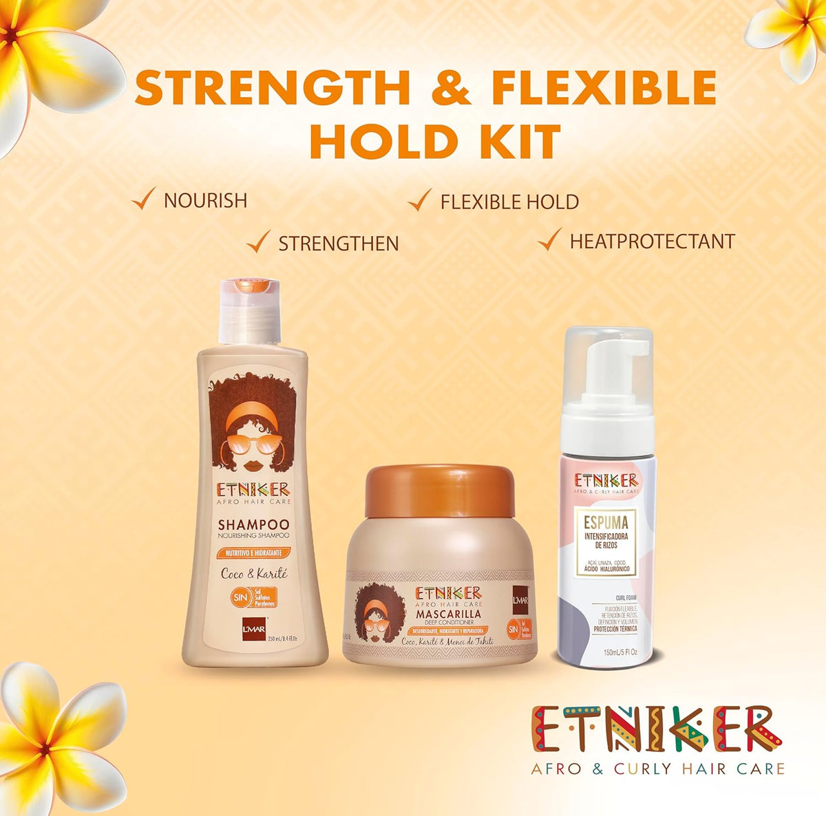 ETNIKER Curl Hair Care trio: Nourishing Shampoo, Deep Conditioning Mask & Curl Defining Foam | Cleanse, Hydrate, Detangle & Style | Coconut, Shea Butter, Acai, Flaxseed & Hyaluronic Acid | Sulfate-Fre