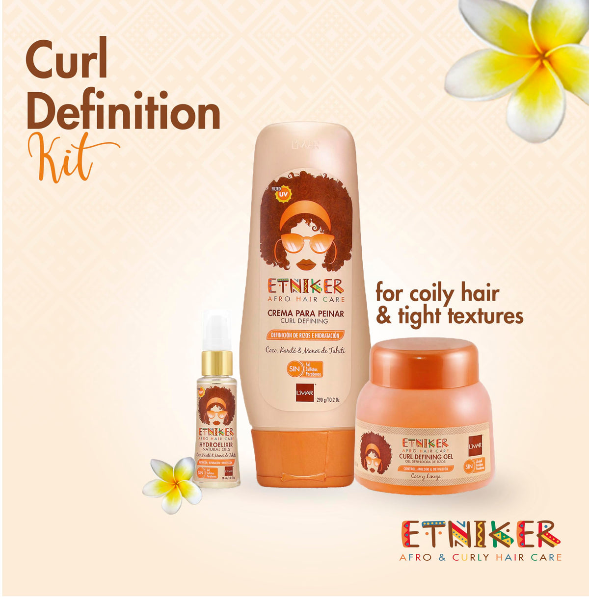 ETNIKER Afro-textured, Curly & Wavy Hair Define Kit | Gel, Hydroelixir & Styling Cream | Control, Nourish, Define | Coconut, Shea Butter, Monoi Oil, Flaxseed | NO Alcohol, Parabens & Sulfate.(3piece)
