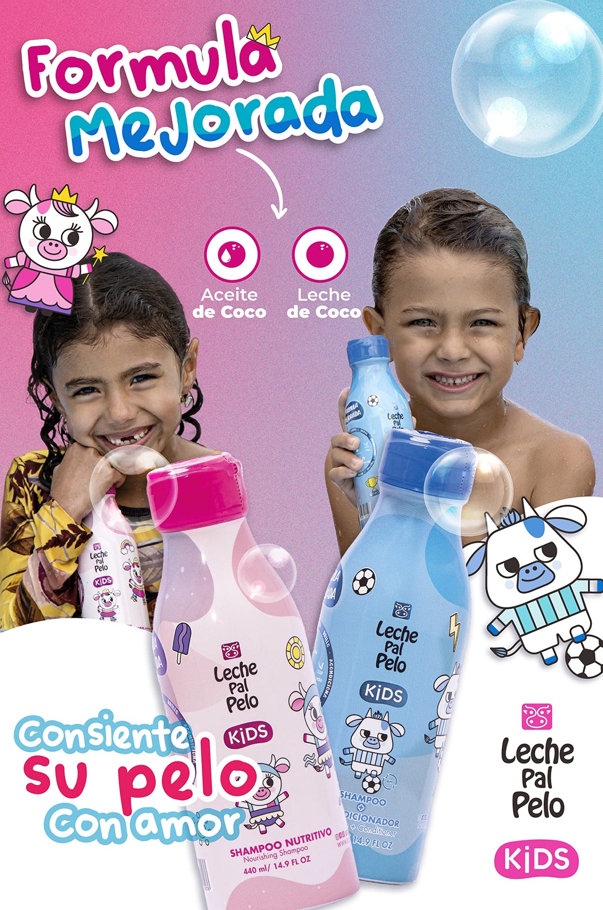 Leche Pal Pelo MEGAKIDS Kit: Shampoo + Conditioner + Styling Cream (Leave-in Conditioner) + Detangler Spay + Hair Splash SLS Free - Vegan - Abyssinian, Coconut & Jojoba