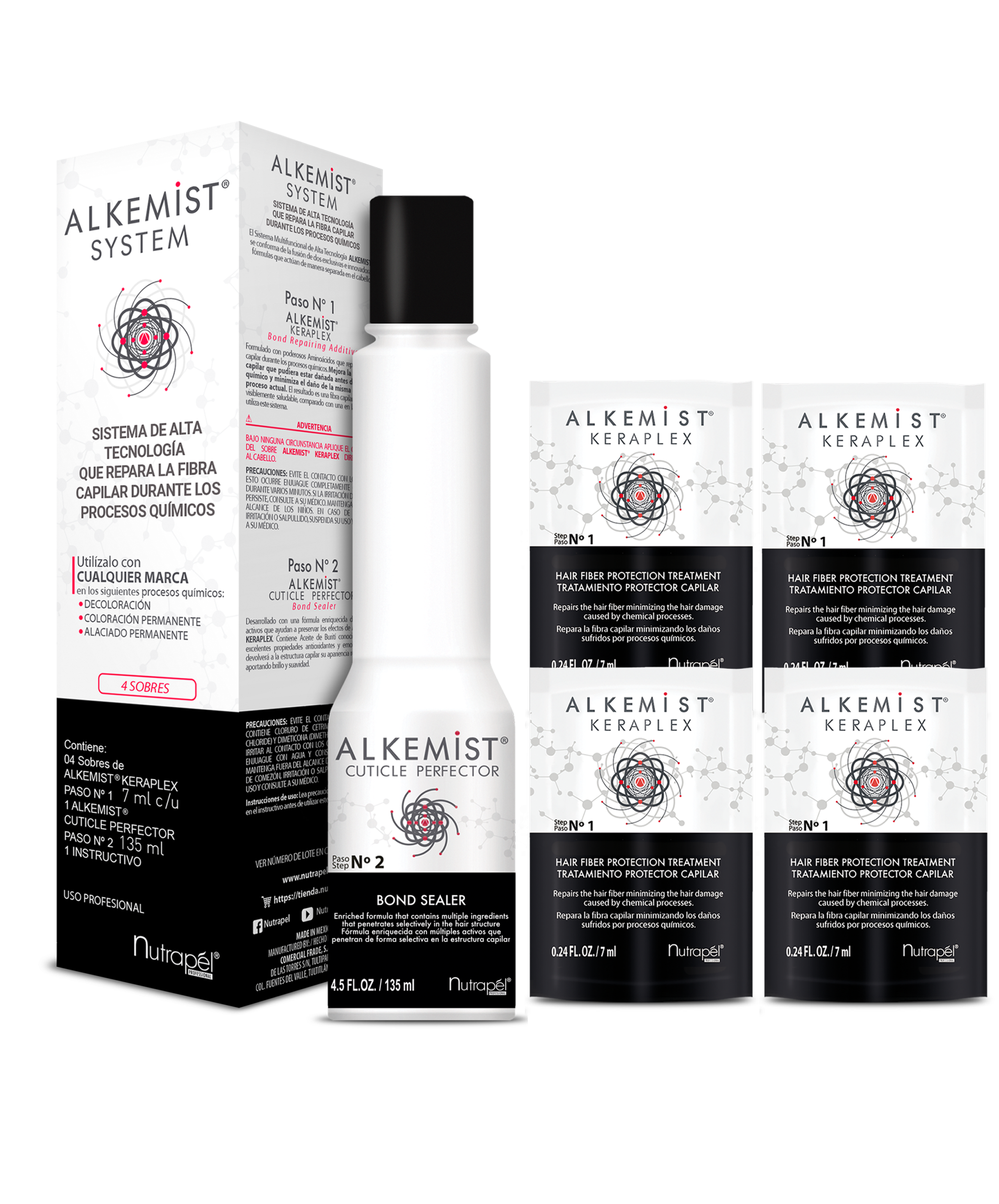 Nutrapel ALKEMIST SYSTEM KIT OF 4 PACKETS KERAPLEX BONDER SYSTEM + CUTITCLE BOND SEALER bottle of 4.5 oz