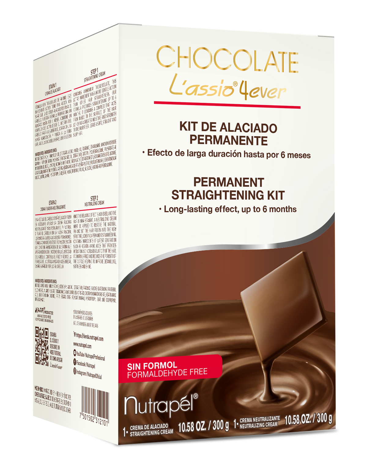 Nutrapel CHOCOLATE L´ASSIO 4EVER PERMANENT STRAIGHTENING KIT (SET OF 2) 10.58 oz. each. Lasts up to 6 months.