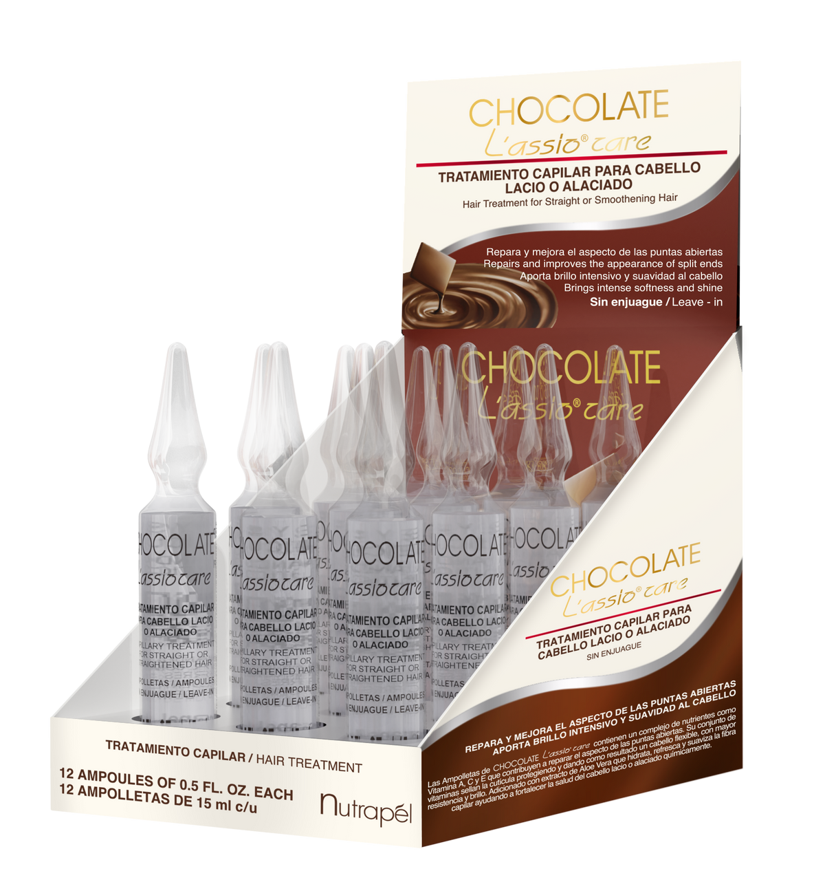 Nutrapel CHOCOLATE L'ASSIO CARE Concentrated with Amino acids for smoothening, shine & anti-frizz. (Set of 12 AMPOULES) 0.5oz each.  LEAVE-IN After Care  for Keratin Treatments
