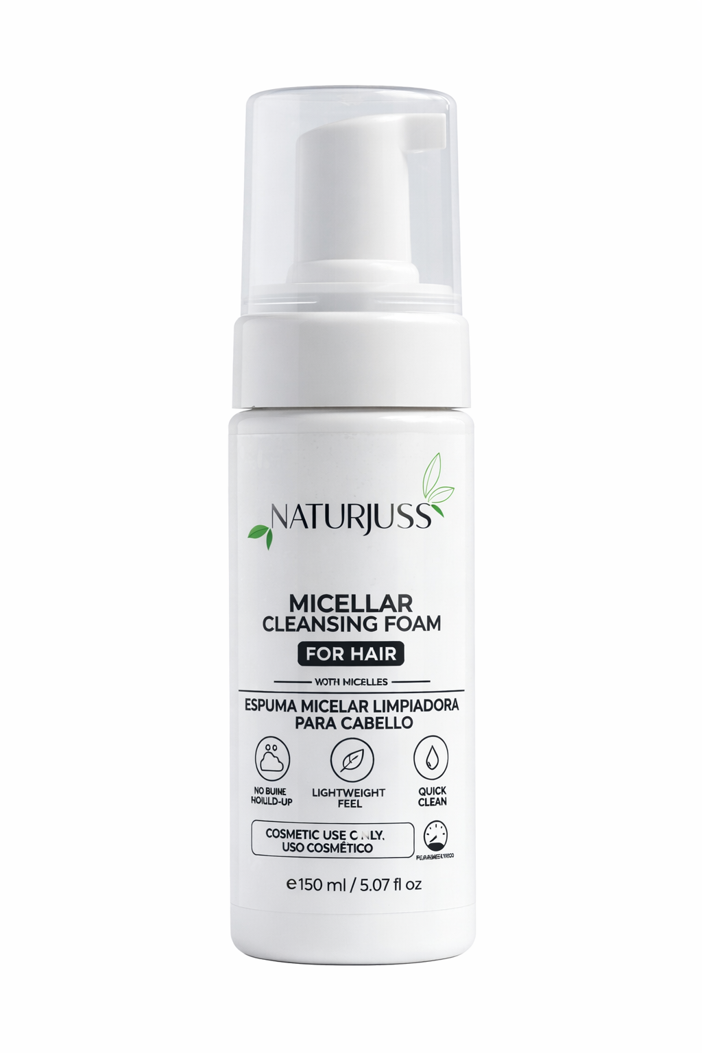 NATURJUSS Micellar Cleansing Foam for Hair, No-Rinse, Odor Control, Heat Protection, Lightweight Hydration, Suitable for Beard