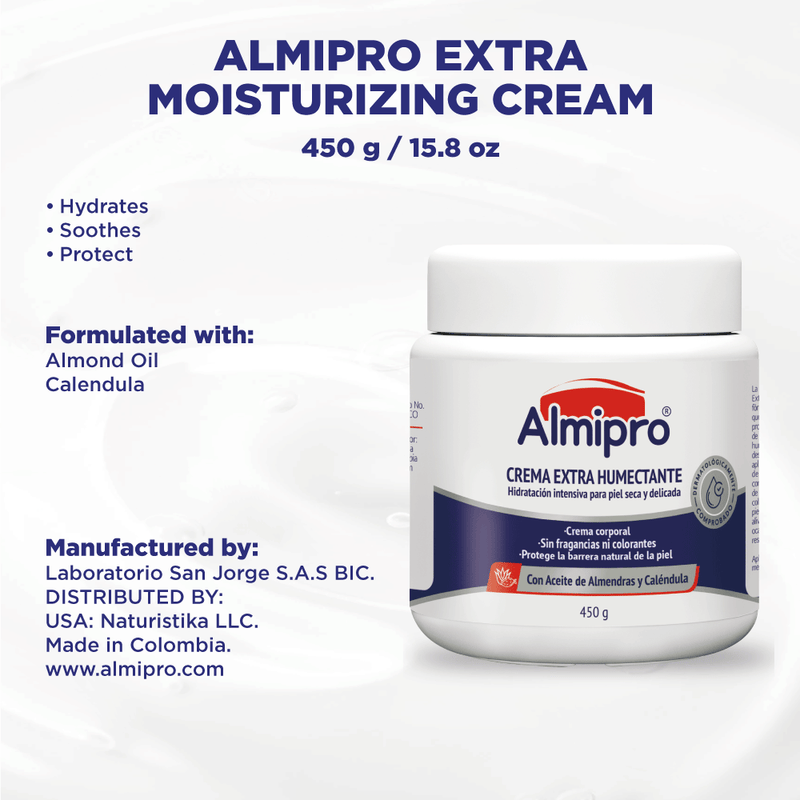 Almipro Extra Moisturizing Cream. Daily Skin’s barrier Protectant & Moisturizer Cream for fragile, Dry skin. Intense Hydration Moisturizer with Calendula & Almond Oils for mature, thin, delicate skin.