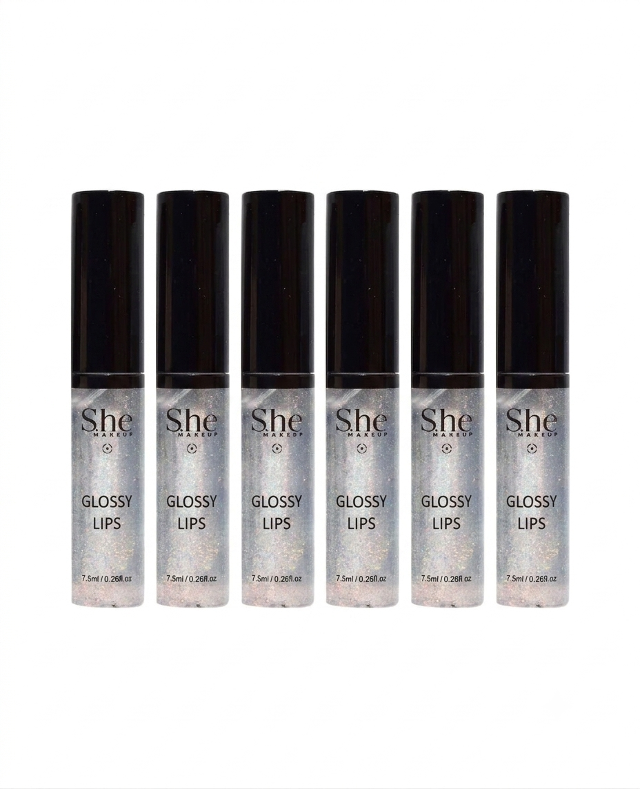 S.he Makeup Glossy Lips Glitter Lip Gloss, Clear & Shimmering x 6 Units - Brillo de labios con purpurina (6 Unidades)