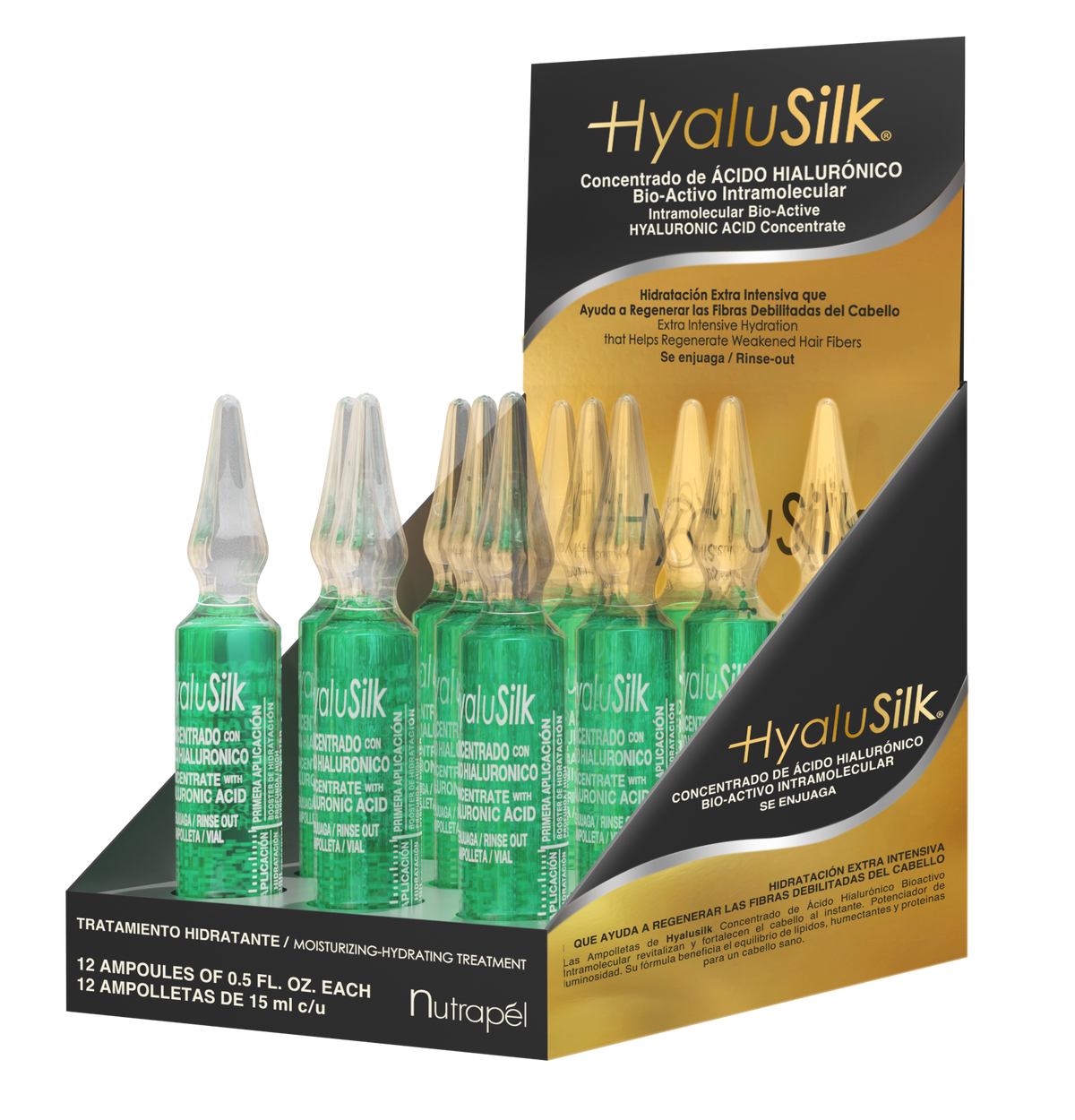 Nutrapel Hyalusilk Intramolecular Bio-Active · 12 ampollas con ácido hialurónico · 0.5 oz · paquete de 12