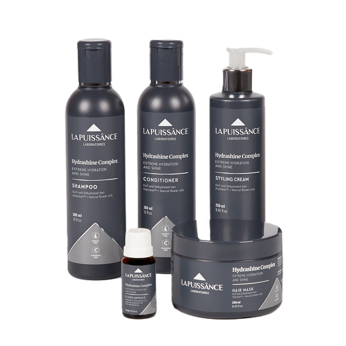 LA PUISSANCE Hydrashine Complete 5‑Step Hair Care Kit – Shampoo + Conditioner + Mask + Flash Ampoule + Leave‑In | Deep Hydration, Shine & Anti‑Frizz | Hialubot™, Phytoqueratin™ & Natural Oils | Professional Repair System