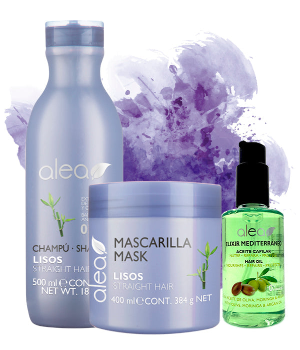 Alea Straight Hair Shampoo, Mask and Elixir Oil KIT with Bamboo Extract & Keratin for Smooth Hair | Alea Champu, Mascarilla y Aceite Capilar para Cabellos Lisos