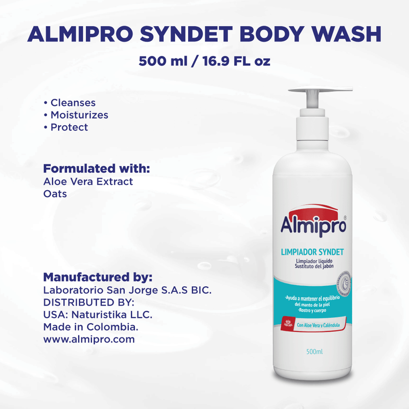 almipro Syndet Skin Cleanser | Soap-free Moisturizing Body Wash with Aloe Vera & Oatmeal for Dry, delicate, sensitive Skin | Dermatologist Recommended | Bottle 16.9 fl. oz.