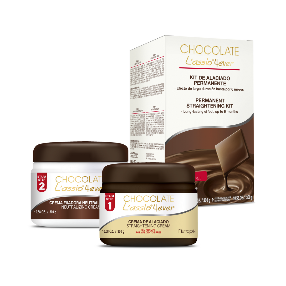 Nutrapel CHOCOLATE L´ASSIO 4EVER PERMANENT STRAIGHTENING KIT (SET OF 2) 10.58 oz. each. Lasts up to 6 months.