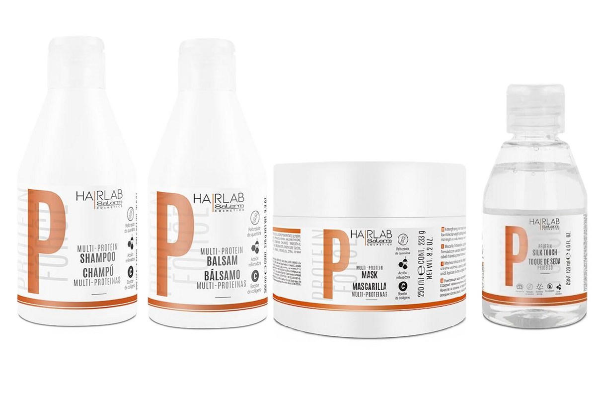 Salerm Cosmetics HAIRLAB MULTI-PROTEIN 4-PIECE KIT for Damage Hair,  Shampoo 10.6oz + Balsam 9.8oz + Mask 8.2oz + Silk Touch 4 fl.oz