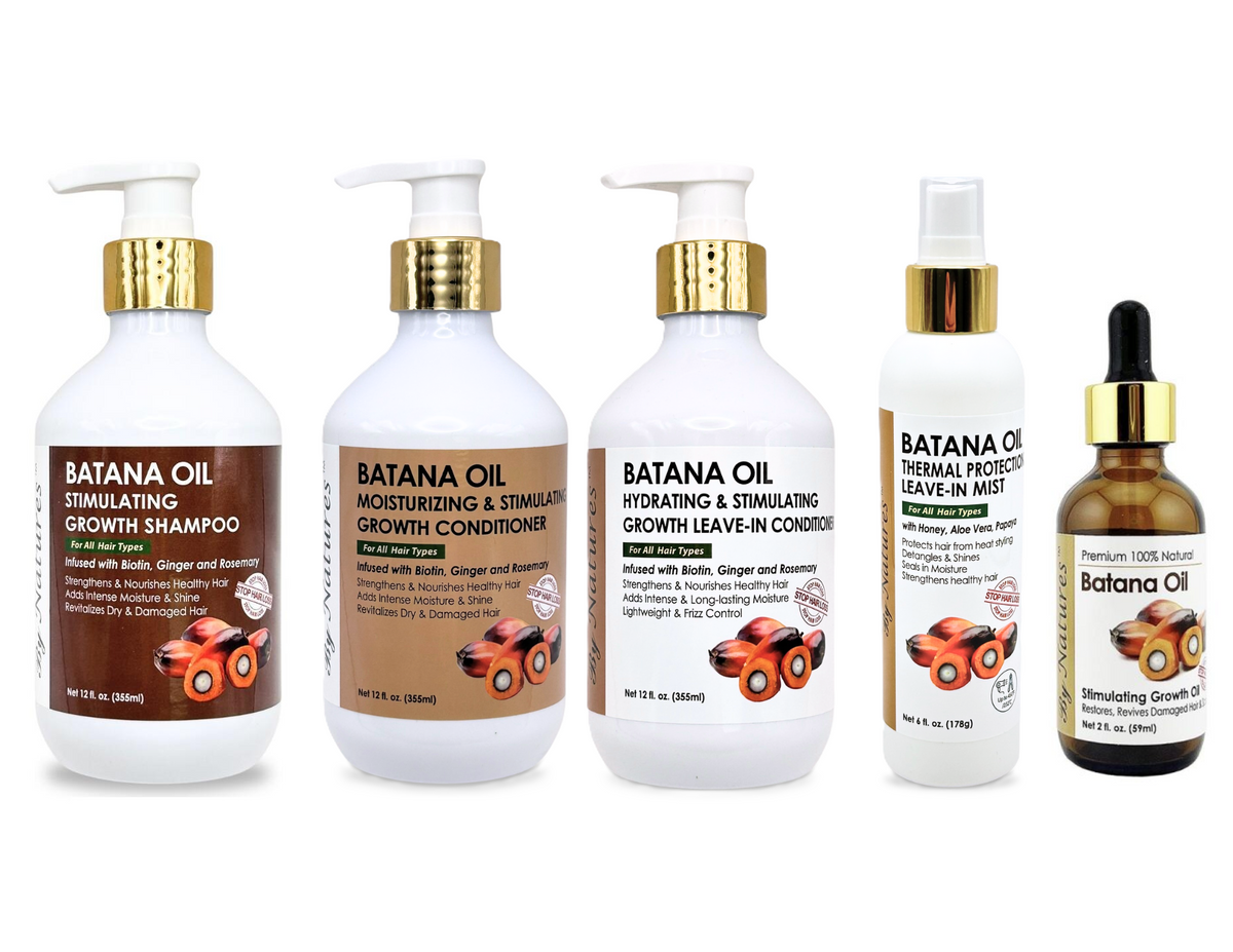 By Natures Batana Oil 5‑Piece Complete Hair Growth & Repair System – Shampoo, Conditioner, Leave‑In, Thermal Protection & Oil Drop | Strength, Shine, Moisture & Heat Defense