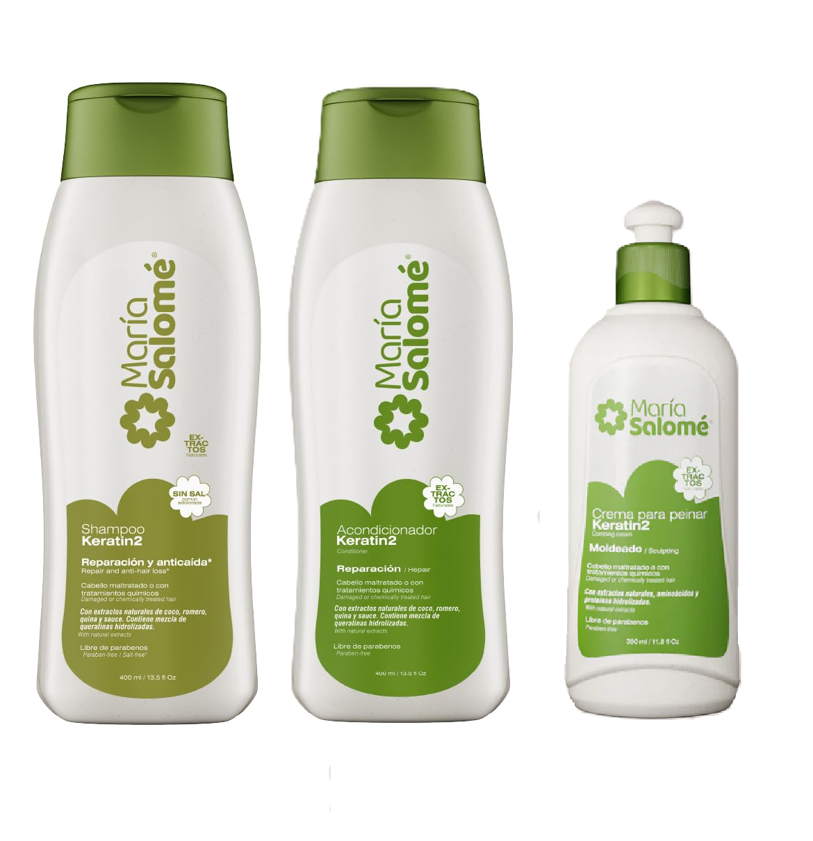 Maria Salome Keratin2 Hair Repair and Loss Prevention kit of Shampoo 13.5 fl.oz. - Conditioner 13.5fl.oz. - Cream 11.8 fl.oz. Natural Products for Thinning Hair