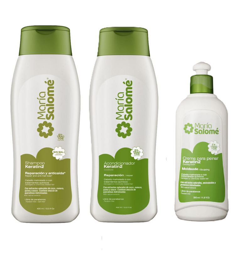 Maria Salome Keratin2 Hair Repair and Loss Prevention kit of Shampoo 13.5 fl.oz. - Conditioner 13.5fl.oz. - Cream 11.8 fl.oz. Natural Products for Thinning Hair