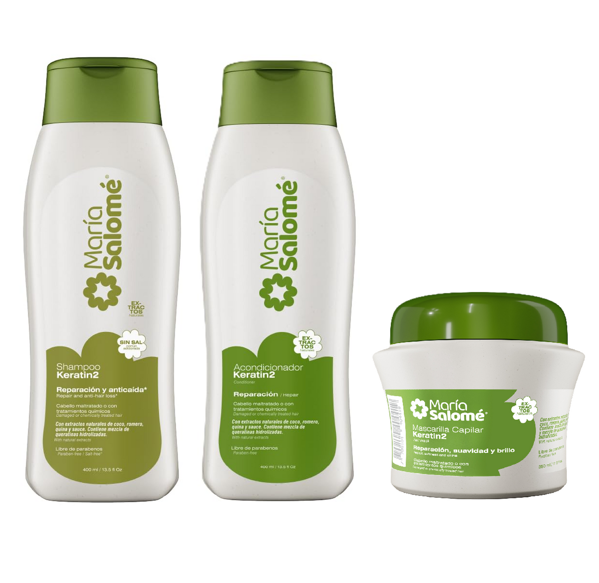 Maria Salome Keratin2 Hair Repair and Loss Prevention kit of Shampoo 13.5 fl.oz. - Conditioner 13.5fl.oz. - Mask 11.8 fl.oz. Natural Products for Thinning Hair