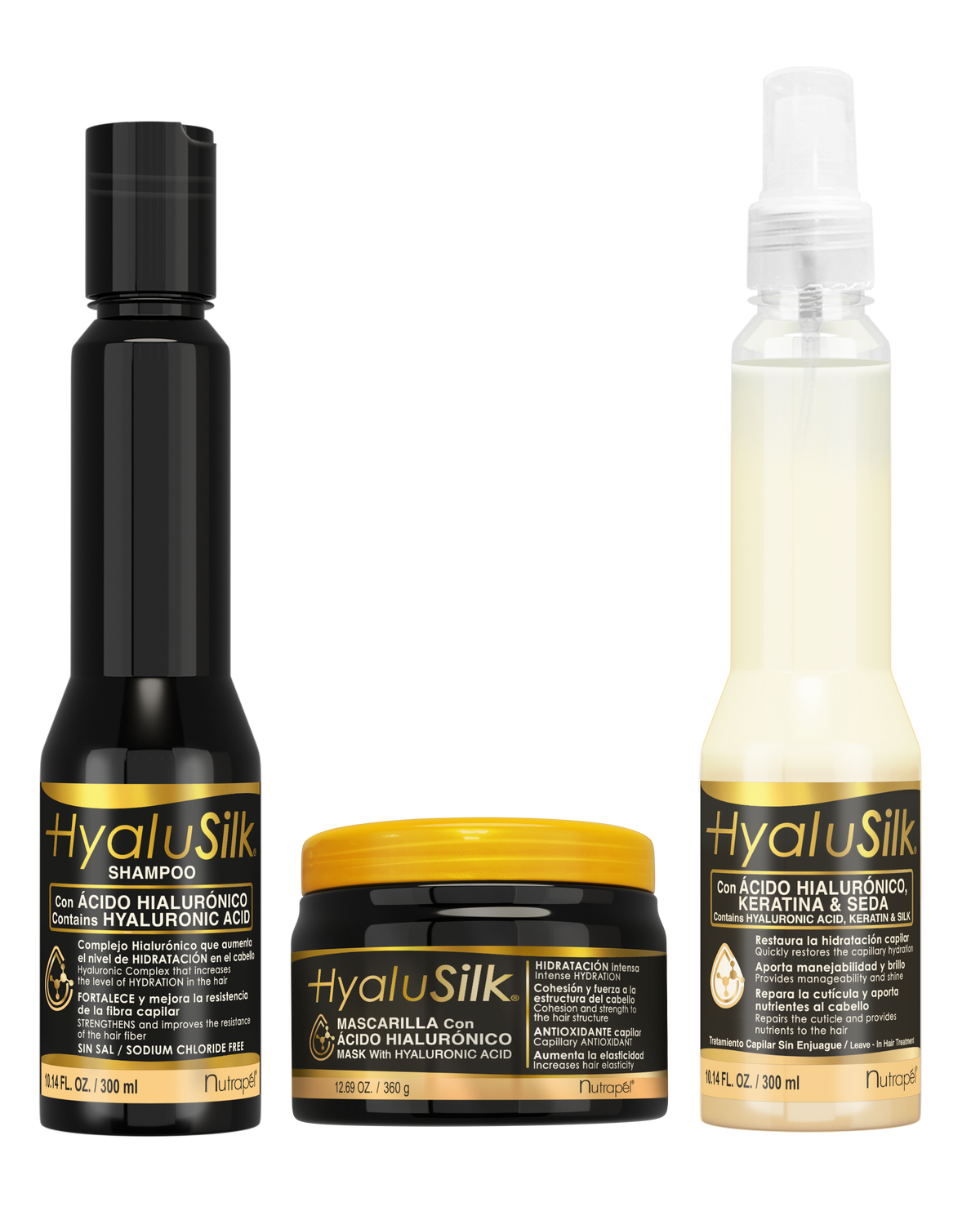 Nutrapel HYALUSILK 3‑Step System – Hyaluronic Acid Shampoo 300 ml + Repair Mask 360 g + Biphasic Treatment 300 ml | Hydration, Softness & Elasticity