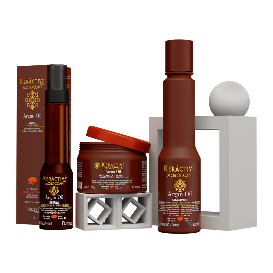 Nutrapel Keráctive Moroccan Hair Care Kit – Argan Oil Shampoo + Deep Repair Mask + Leave‑In Serum | Hydration, Softness & Shine for Dry or Damaged Hair