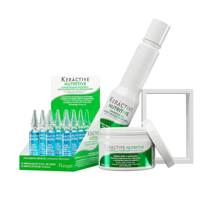Nutrapel KERACTIVE NUTRITIVE Hair Care Kit – Moisturizing Shampoo + Deep Hydration Mask + 12 Nutritive Ampoules | Bamboo & Green Tea | Softness, Manageability & Shine for Dehydrated Hair