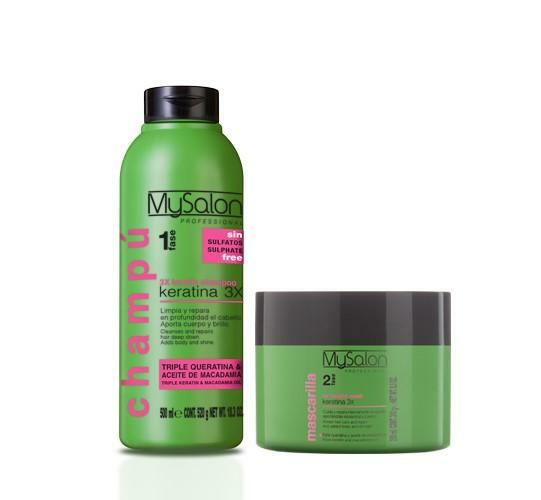 Mysalon Professional 3X Keratin Hair Shampoo  and Mask kit - 8.2oz Msk / 18.3Fl.oz Sh - Triple Keratin and Macadamia Oil