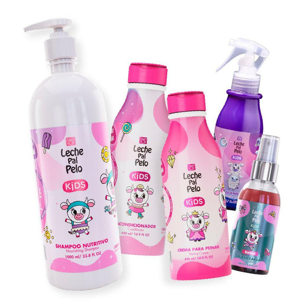 Leche Pal Pelo MEGAKIDS Kit: Shampoo + Conditioner + Styling Cream (Leave-in Conditioner) + Detangler Spay + Hair Splash SLS Free - Vegan - Abyssinian, Coconut & Jojoba