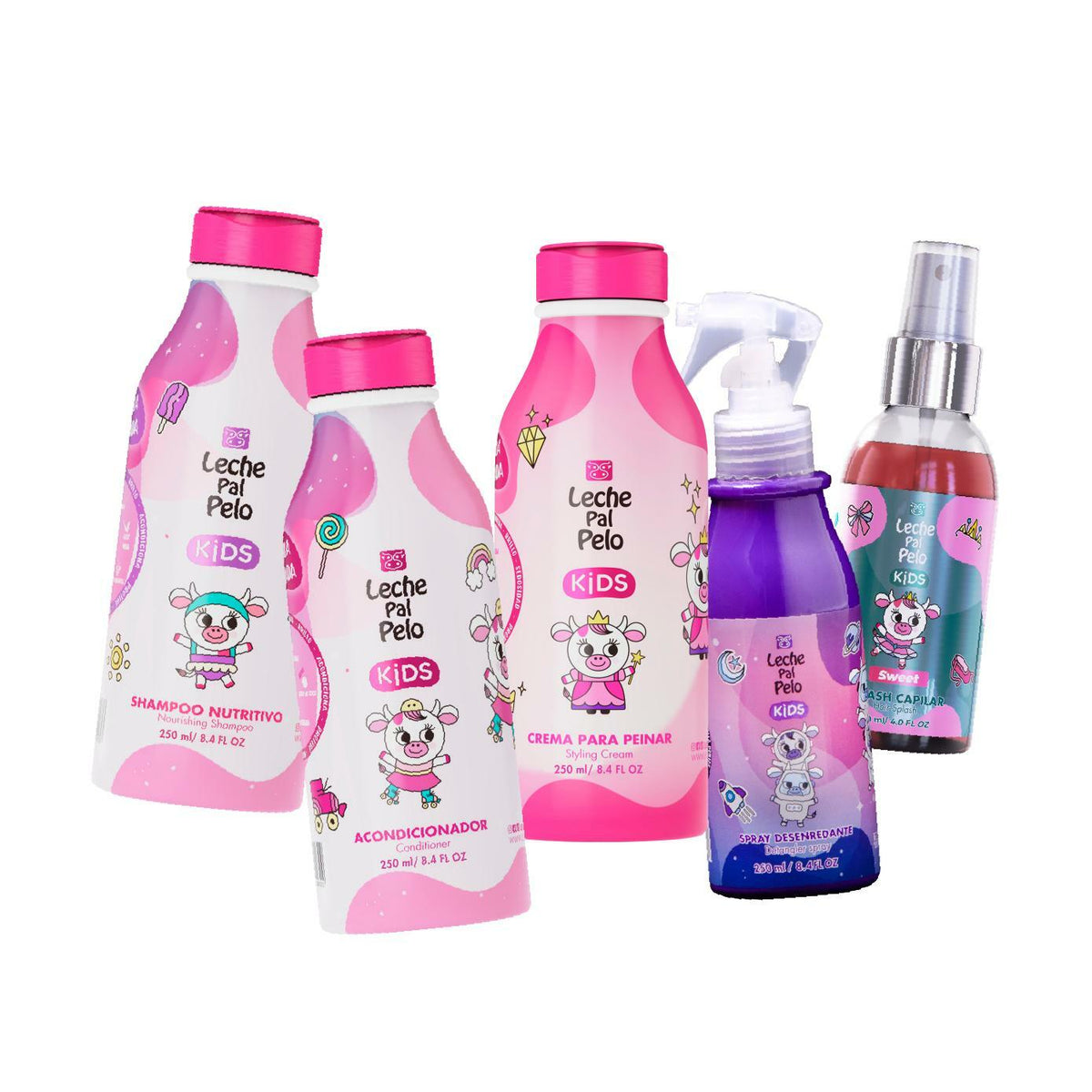 Leche Pal Pelo Kids Kit: Shampoo + Conditioner + Styling Cream (Leave-in Conditioner) + Detangler Spay + Hair Splash SLS Free - Vegan - Abyssinian, Coconut & Jojoba
