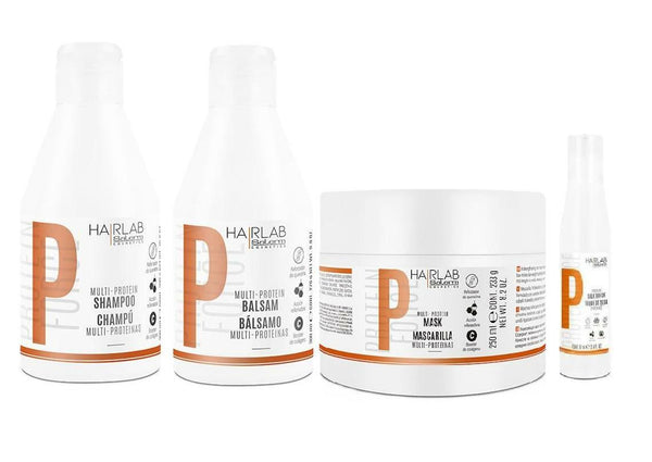 Salerm Cosmetics HAIRLAB MULTI-PROTEIN STRENGTHENING 4-PIECE KIT for Damage Hair,  Shampoo 10.6oz + Balsam 9.8oz + Mask 8.2oz + Silk Touch 2.4 fl.oz