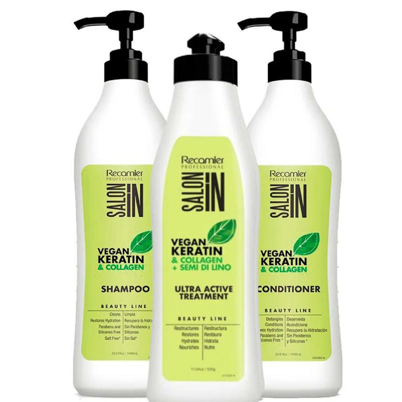 RECAMIER PROFESSIONAL SALON IN Vegan Keratin & Collagen Line 3-PIECE HAIR KIT with Shampoo 33.8 fl.oz. + Conditioner 33.8 fl.oz. + Ultra Active Treatment 17.64oz