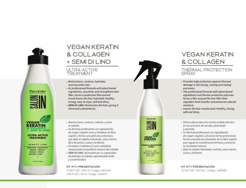 RECAMIER PROFESSIONAL SALON IN Vegan Keratin & Collagen Line 3-PIECE HAIR KIT with Shampoo 33.8 fl.oz. + Conditioner 33.8 fl.oz. + Ultra Active Treatment 17.64oz