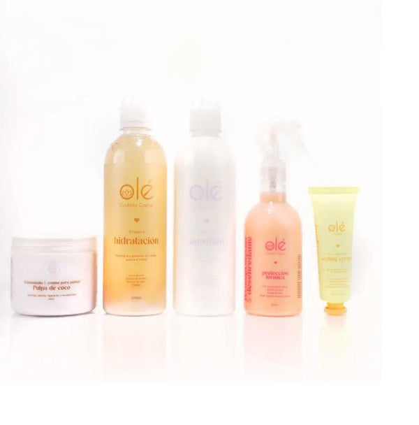 OLÉ Dry Hair 5 Piece Pack - Coconut pulp pre-shampoo + Coconut, Cinnamon & Honey Shampoo + Cotton & Coconut Conditioner + Detangling Thermo protector + Frizz Emergency Styling Cream