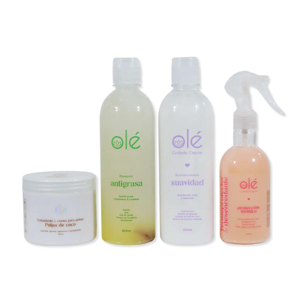 OLÉ Anti-Greasy Hair 4 Piece Pack - Coconut pulp pre-shampoo + Onion, Ginger & Celery Shampoo + Cotton & Coconut Conditioner + Detangling thermo protector