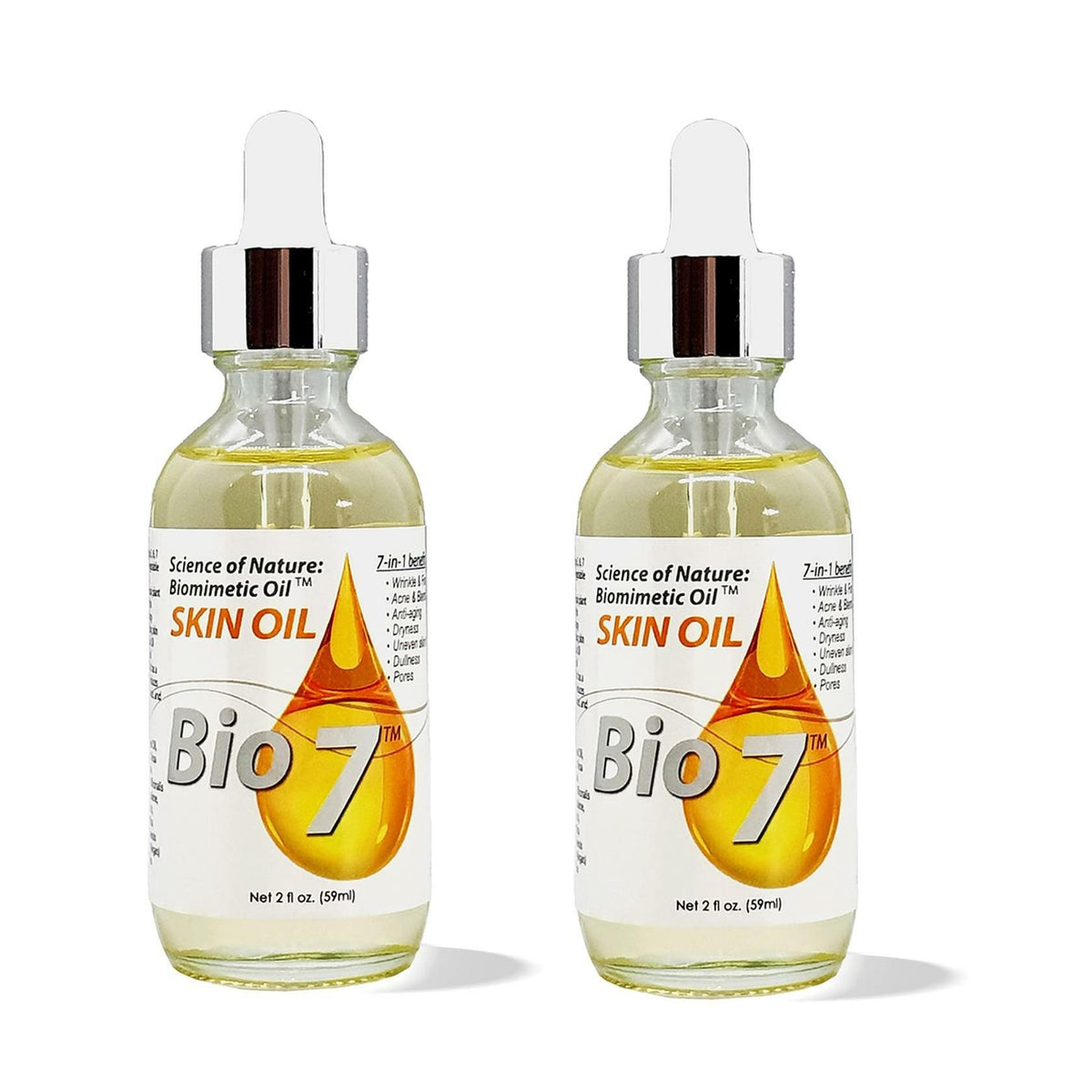 BIO7 SKIN OIL SCIENCE OF NATURE: BIOMIMETIC OIL - 2 Fl Oz (2 Pack) - Reduce Appearance Of Wrinkle, Fine Lines, Acne & Blemishes, Counteract The Visible Signs of Anti-Aging, Prevent Dryness, Improve Uneven Skin Tone, Dullness, Pores By Natures