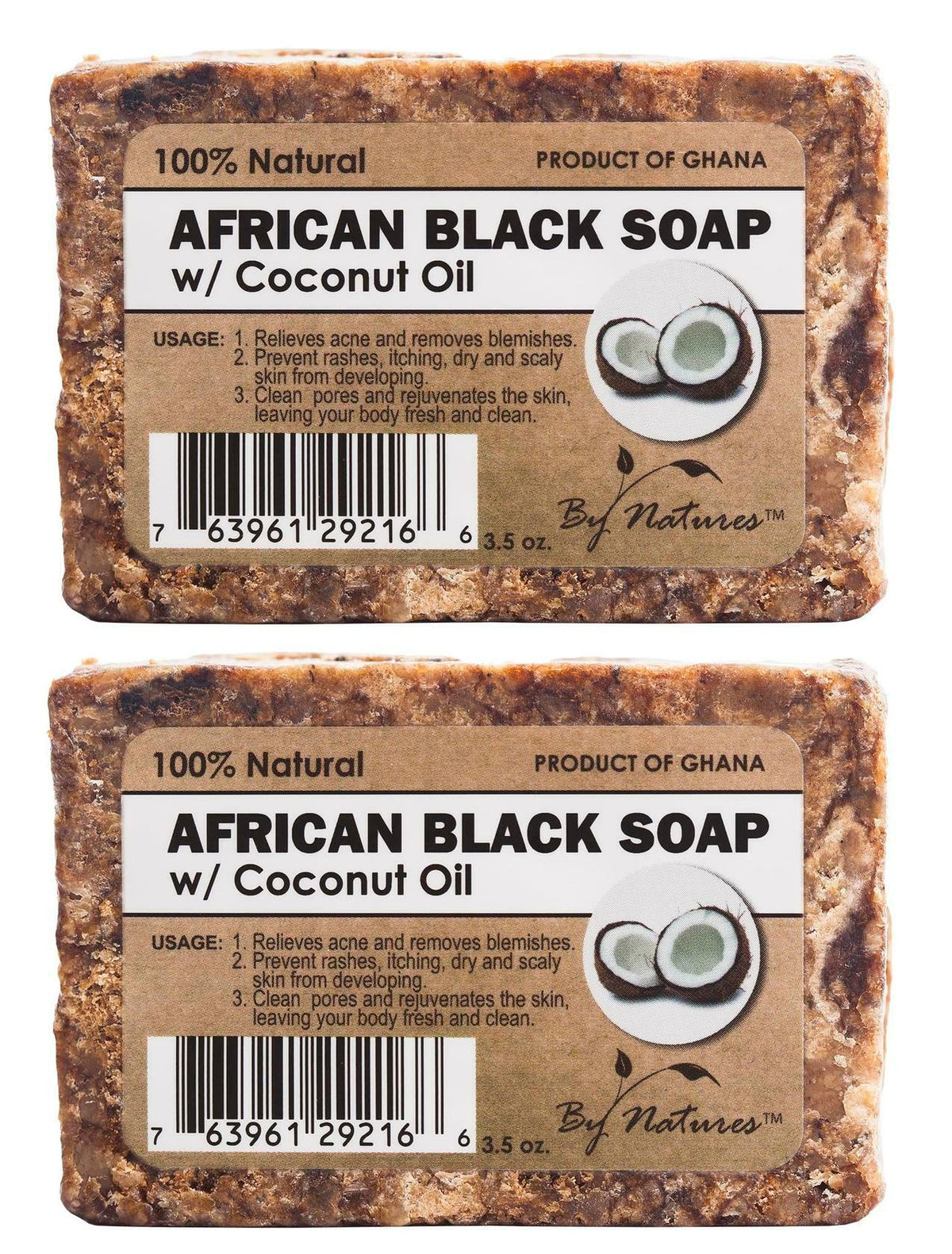 By Natures 100% Natural African Black Soap With Coconut Oil 3.5 Oz (Pack of 2)