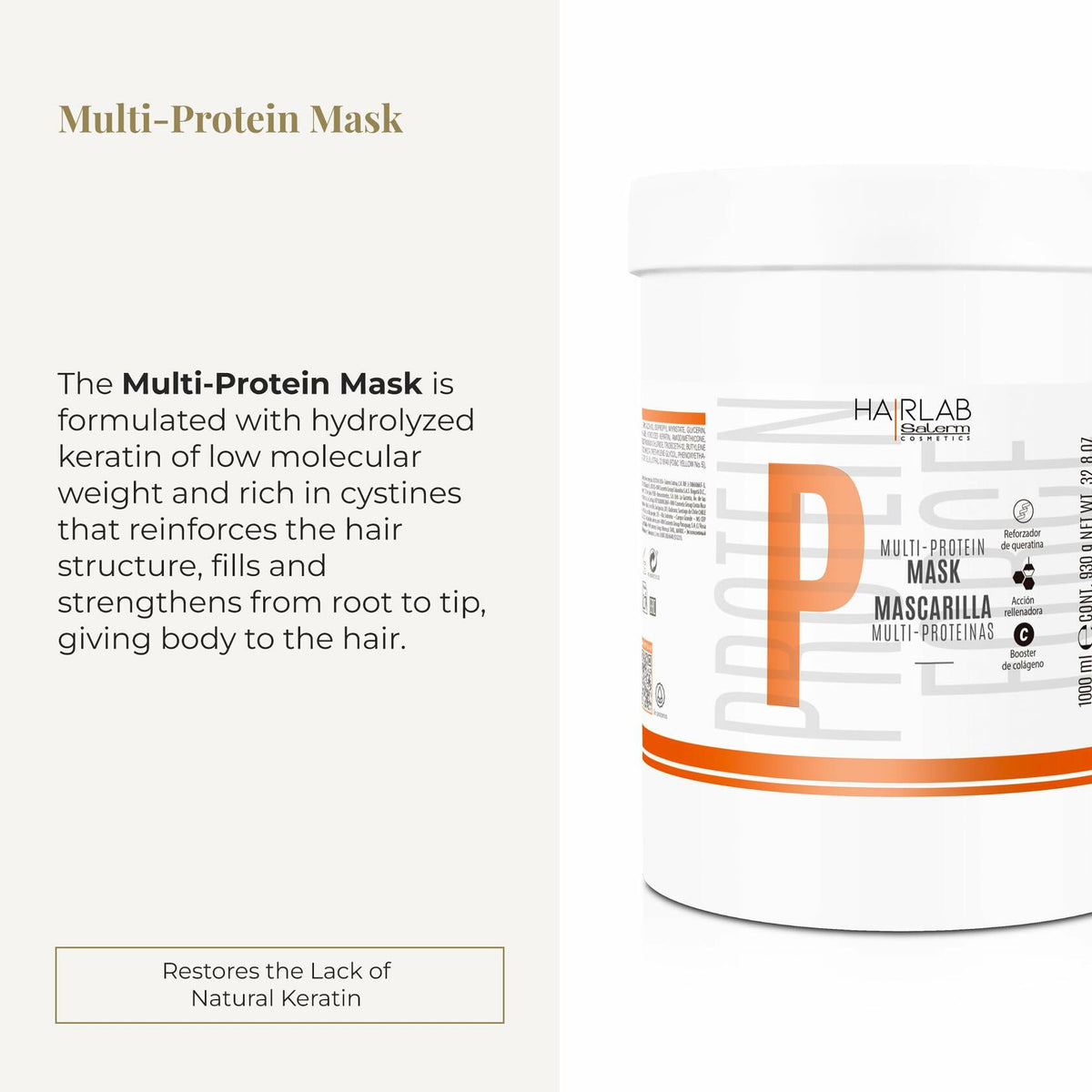 SALERM - Damaged Hair Mask - Multi-Proteins Hair Lab - 1000 ml - Helps Replenish Natural Keratin - Adds Volume and Strength - Paraben-Free