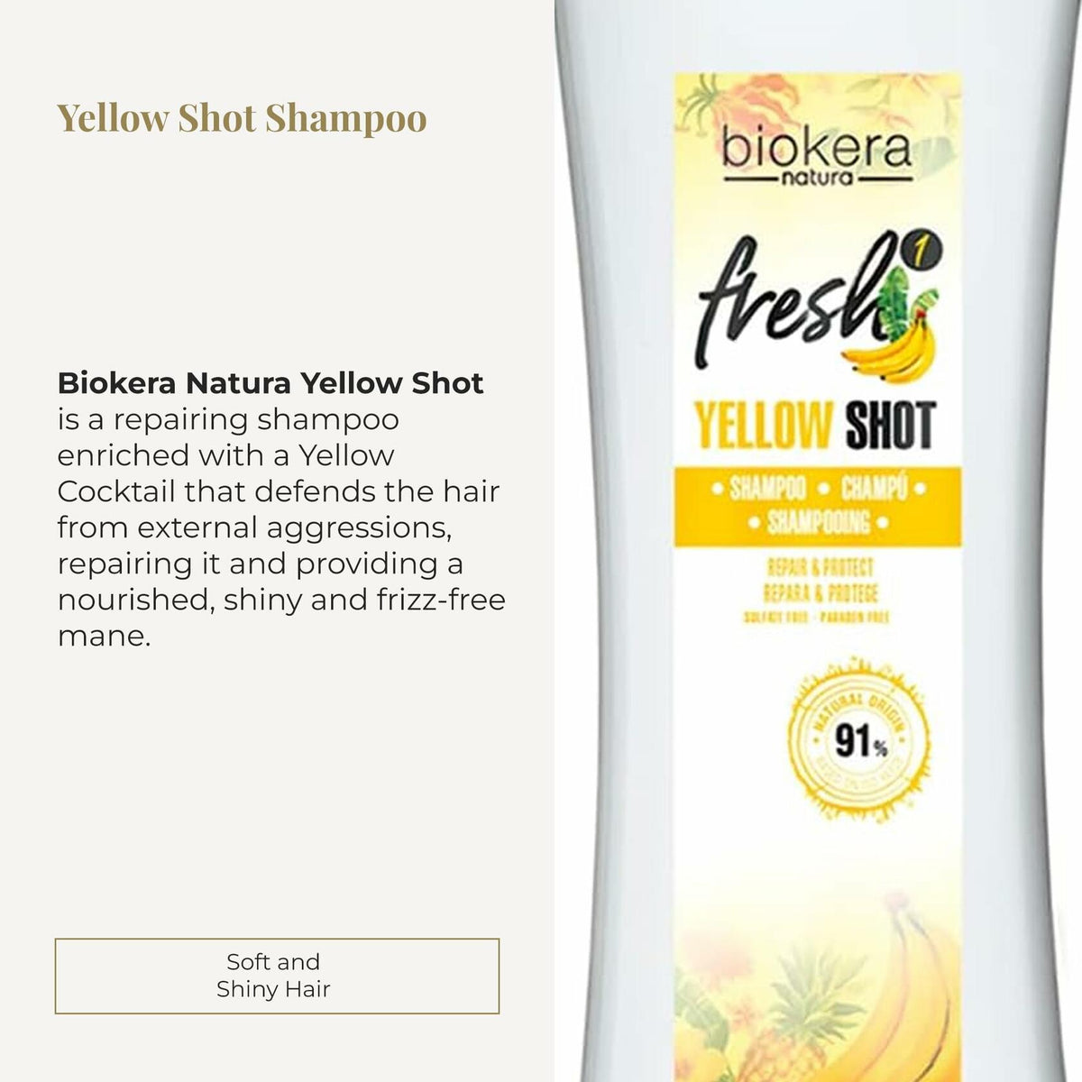 SALERM - Repair Shampoo Yellow Shot - Biokera Fresh - 300 ml - Repairs and Protects - For Shiny, Frizz-Free Hair - Sulfate-Free and Paraben-Free Shampoo