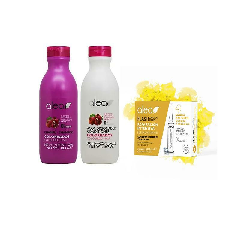 Alea S.O.S Color & Nourishing Hair Kit, with Pomegranate Extract Shampoo 500ml, Conditioner 500ml and 1 Case of 3 Flash Intensive Repair Vials 0.51 fl.oz each