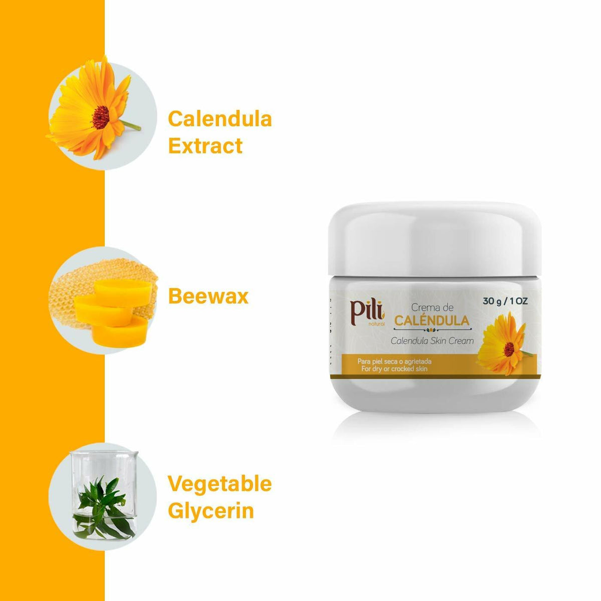 Pili Natural Calendula Cream (2 Pack)  - Moisturizing Cream for Rough, Dry, or Chapped Skin - Crema de Calendula (1 oz/Unit)