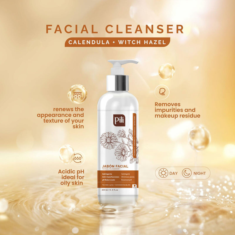 Pili Calendula Facial Cleanser with Witch Hazel and Lactic acid, cleans and exfoliates with controlled pH