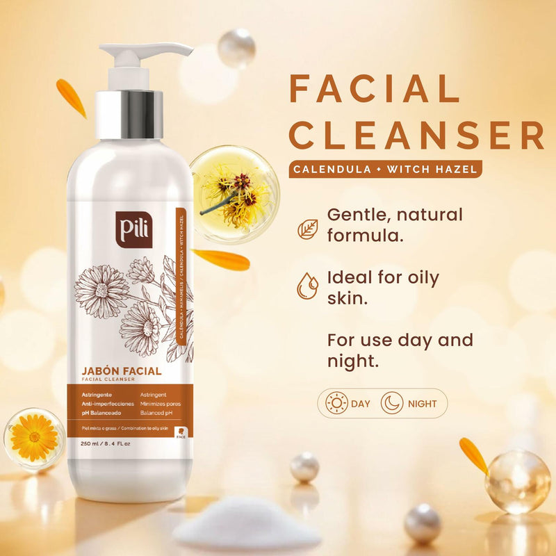 Pili Calendula Facial Cleanser with Witch Hazel and Lactic acid, cleans and exfoliates with controlled pH