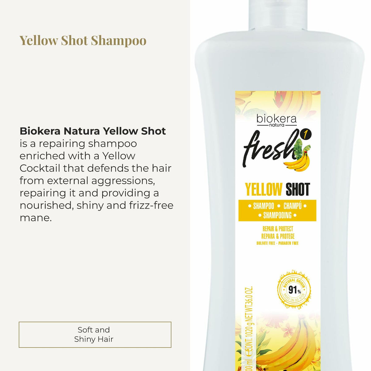 SALERM - Repair Shampoo Yellow Shot - Biokera Fresh - 1000 ml - Repairs and Protects - For Shiny, Frizz-Free Hair - Sulfate-Free and Paraben-Free Shampoo