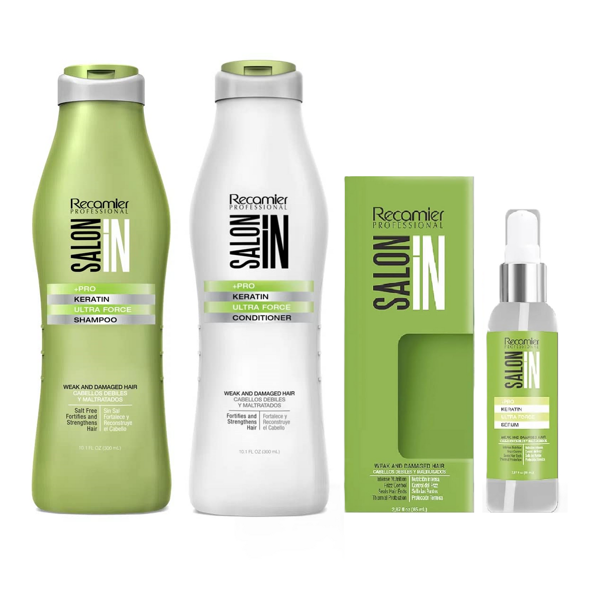 Recamier Professional Salon In +Pro Keratin Ultra Force Hair Shampoo, Conditioner and Serum Bundle 3 Piece kit