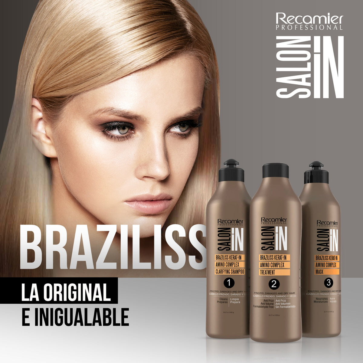 Recamier Professional Salon In Braziliss Kerat-in Amino Complex Hair System Shampoo-Treatment-Mask 3 x 35.27 fl. oz. each