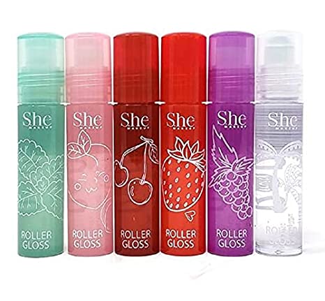 Fruity-Pop Roller Gloss by S.he Makeup; Smooth Glass Like Shine Lip Glosses, Complete Set of All 6 Flavor Scents 0.22oz / 6.3g