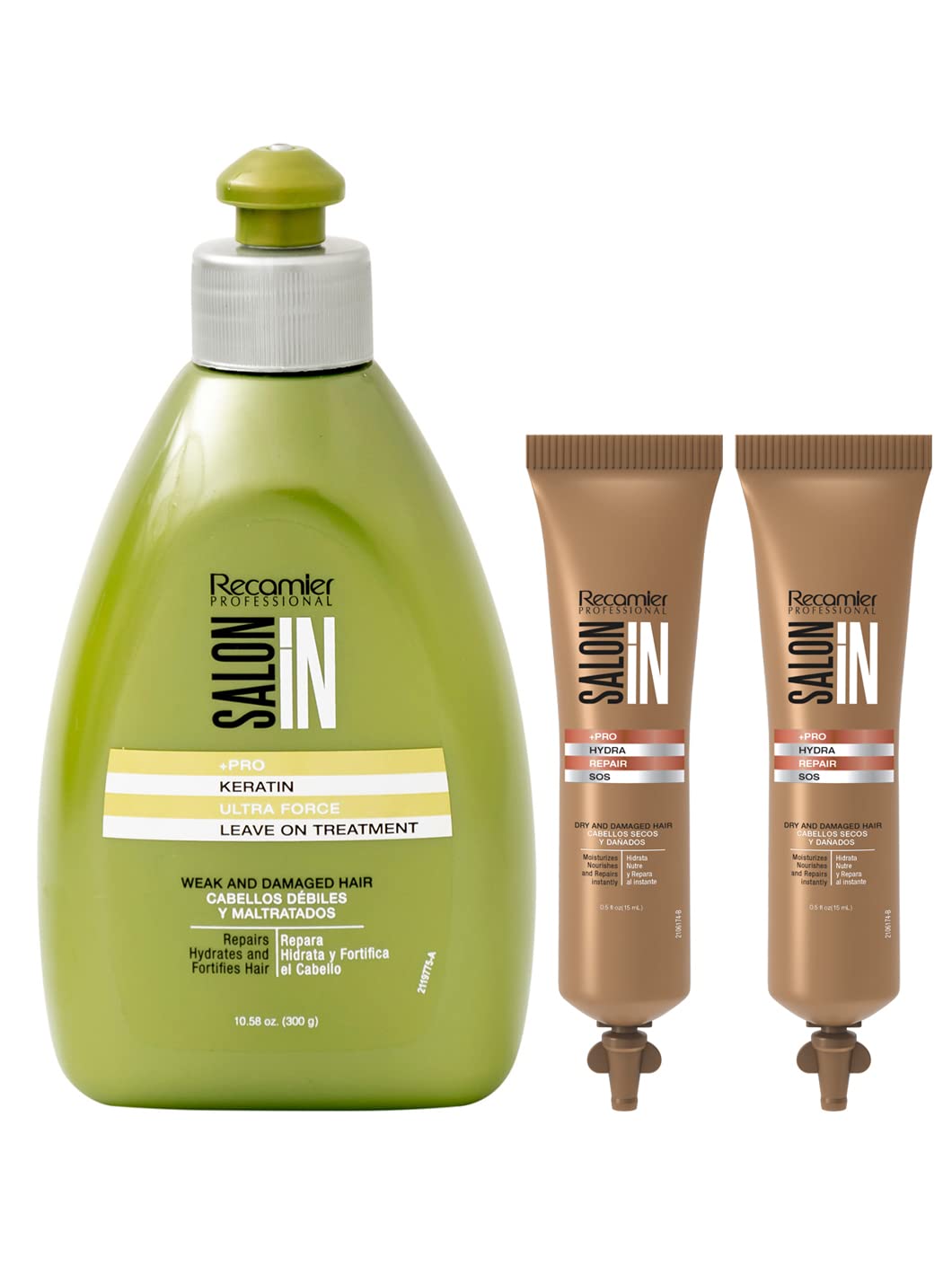 Recamier Professional Salon In +Pro Keratin Ultra Force Leave On Treatment 10.1oz + 2 SOS Hydra Repair - Tratamiento de Keratina para el Cabello Debil y Maltratado