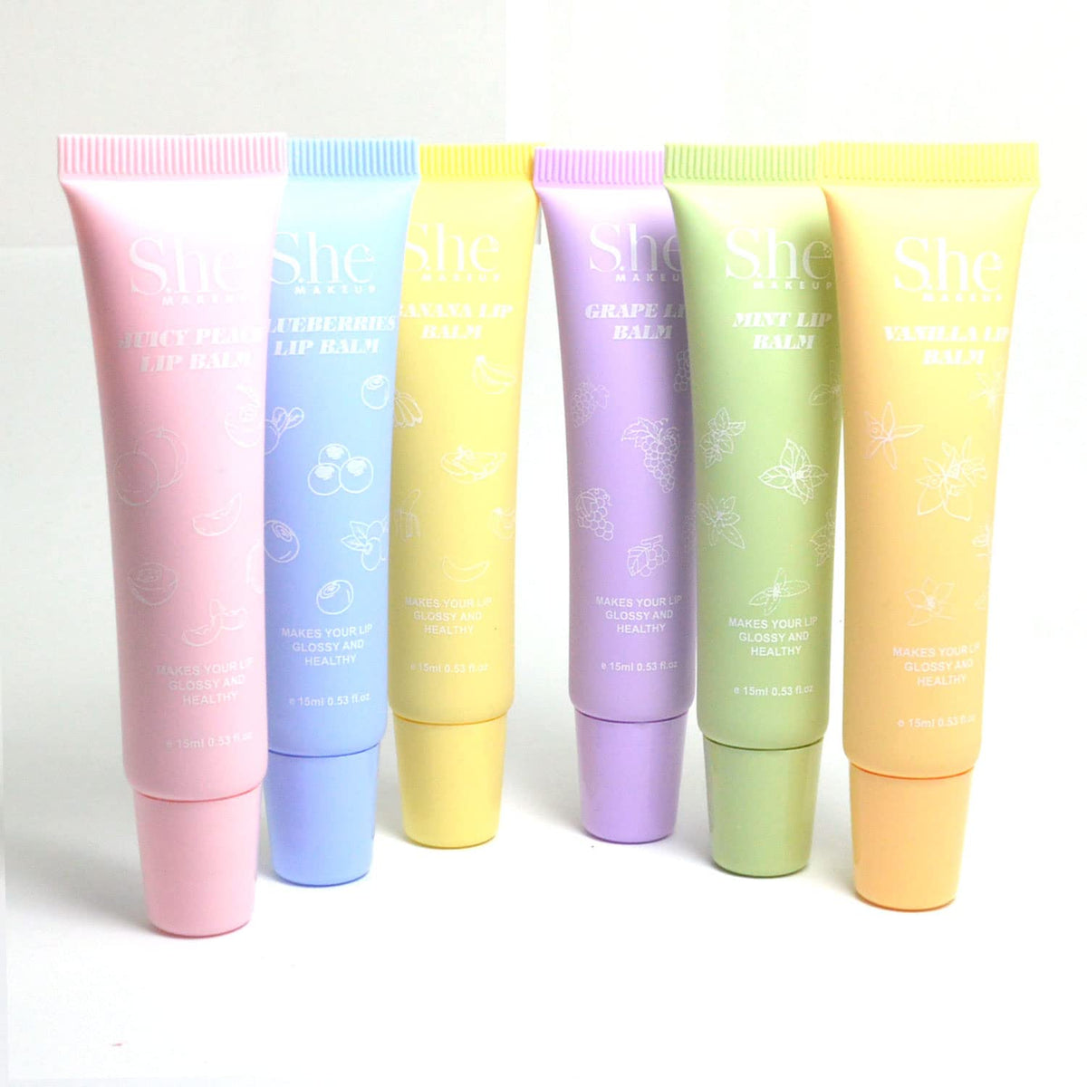 S.he Makeup Glossy Lip Balm Fruit Flavors, Complete Set of All 6 Flavors