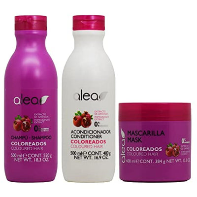 Alea Color-Treated Hair Shampoo, Conditioner and Mask system with Pomegranate Extract for Fragile and dyed Hair | Alea Champu, Condicionador y Mascarilla para cabellos coloreados