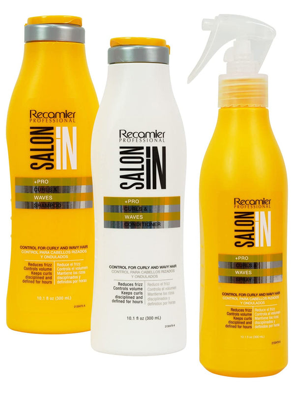Recamier Professional Salon In +Pro Curls and Waves Hair Shampoo, Conditioner and Hydrating Spray Bundle 3 Piece kit