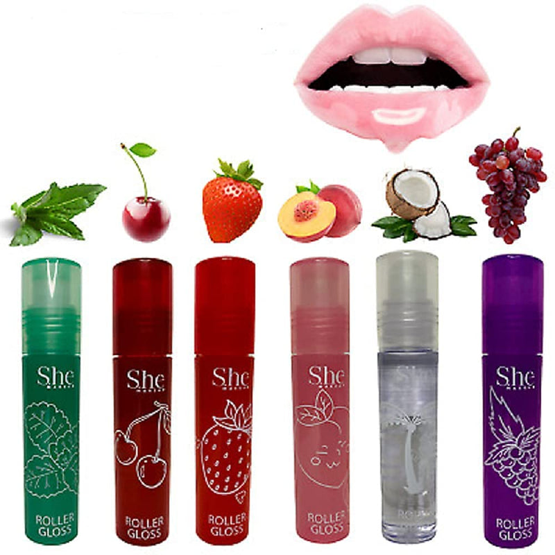 Fruity-Pop Roller Gloss by S.he Makeup; Smooth Glass Like Shine Lip Glosses, Complete Set of All 6 Flavor Scents 0.22oz / 6.3g
