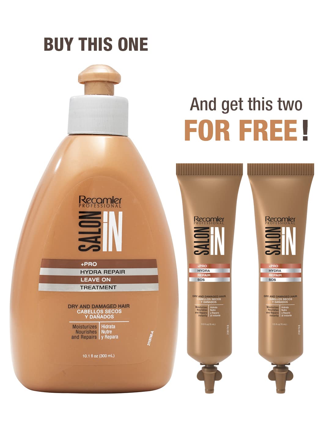 Recamier Professional Salon In +Pro Hydra Repair Hair Leave On Treatment 10.1oz + 2 SOS Hydra Repair - Tratamiento Reparador Hidratante Cabello Seco y Maltratado